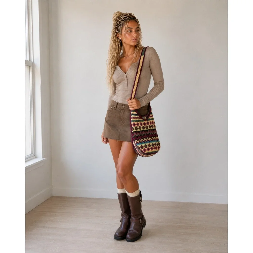 Vintage Crochet Bucket Bag Boho Indie Festival Hippie Shoulder Crossbody Purse